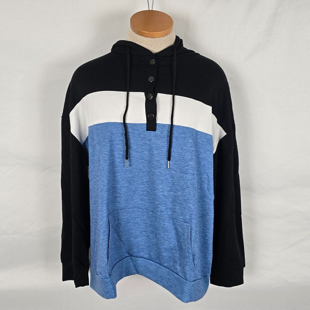 Saukole Hoodie Men's XL Black White Blue Colorblock Buttons Drawstrings Pockets